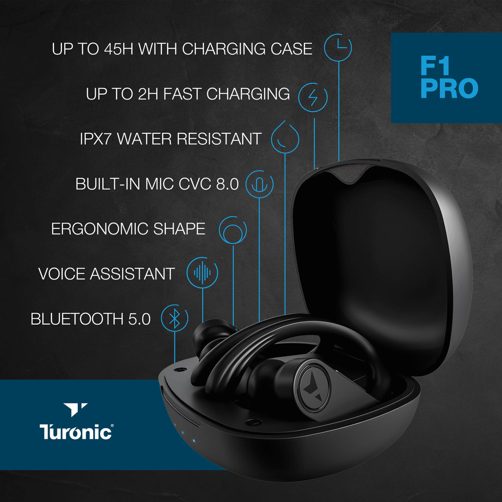 Earhook Running, Wireless - - Black w/Microphone with Sport Mic, Earbuds 45H Pro - Gym, Playtime, F1 True Charging Waterproof Turonic Bluetooth case, - Earphones Headphones Wireless Workout for IPX7