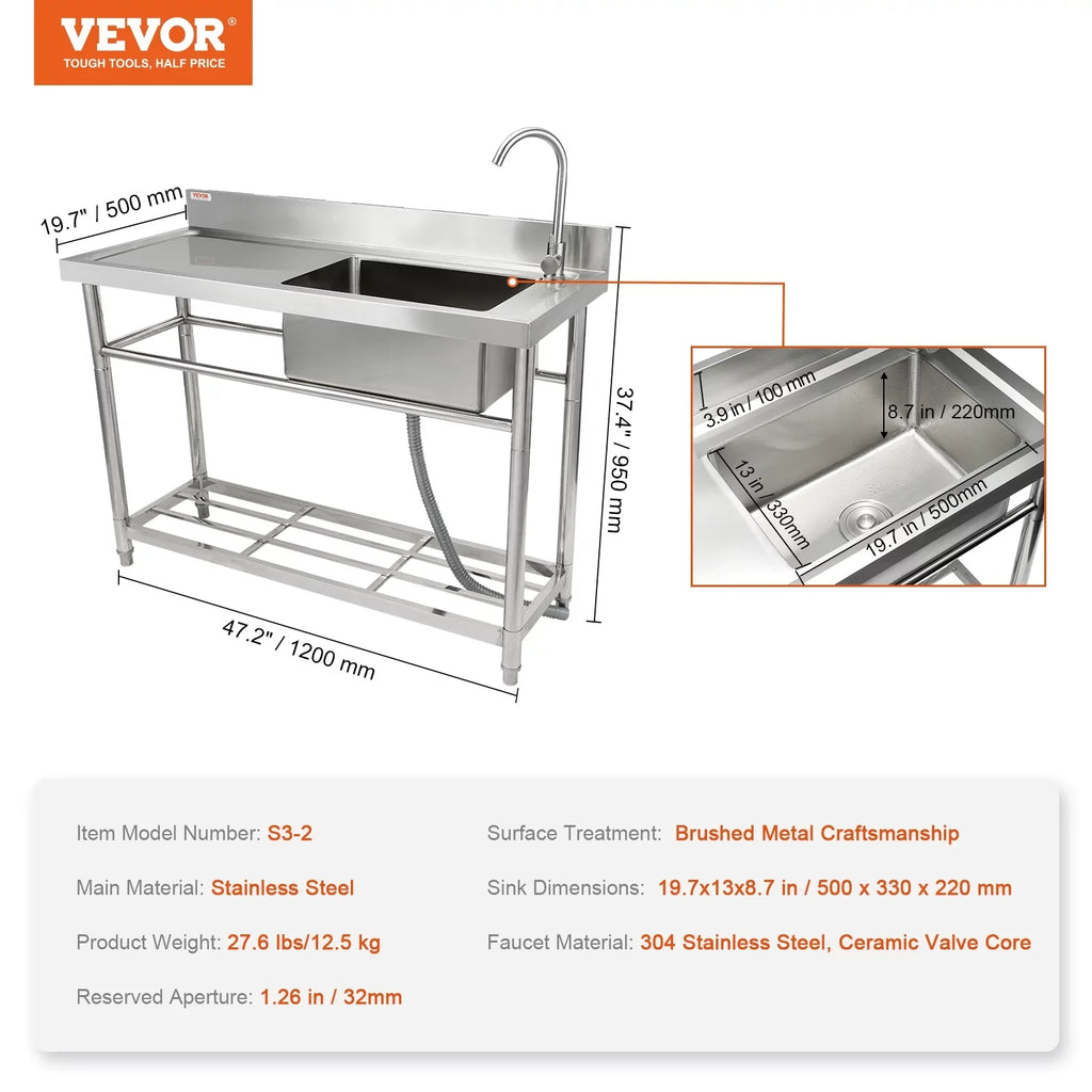 Sink & Utility 47.2x19.7x37.4 Commercial Bowl Prep in BENTISM Single w/Workbench