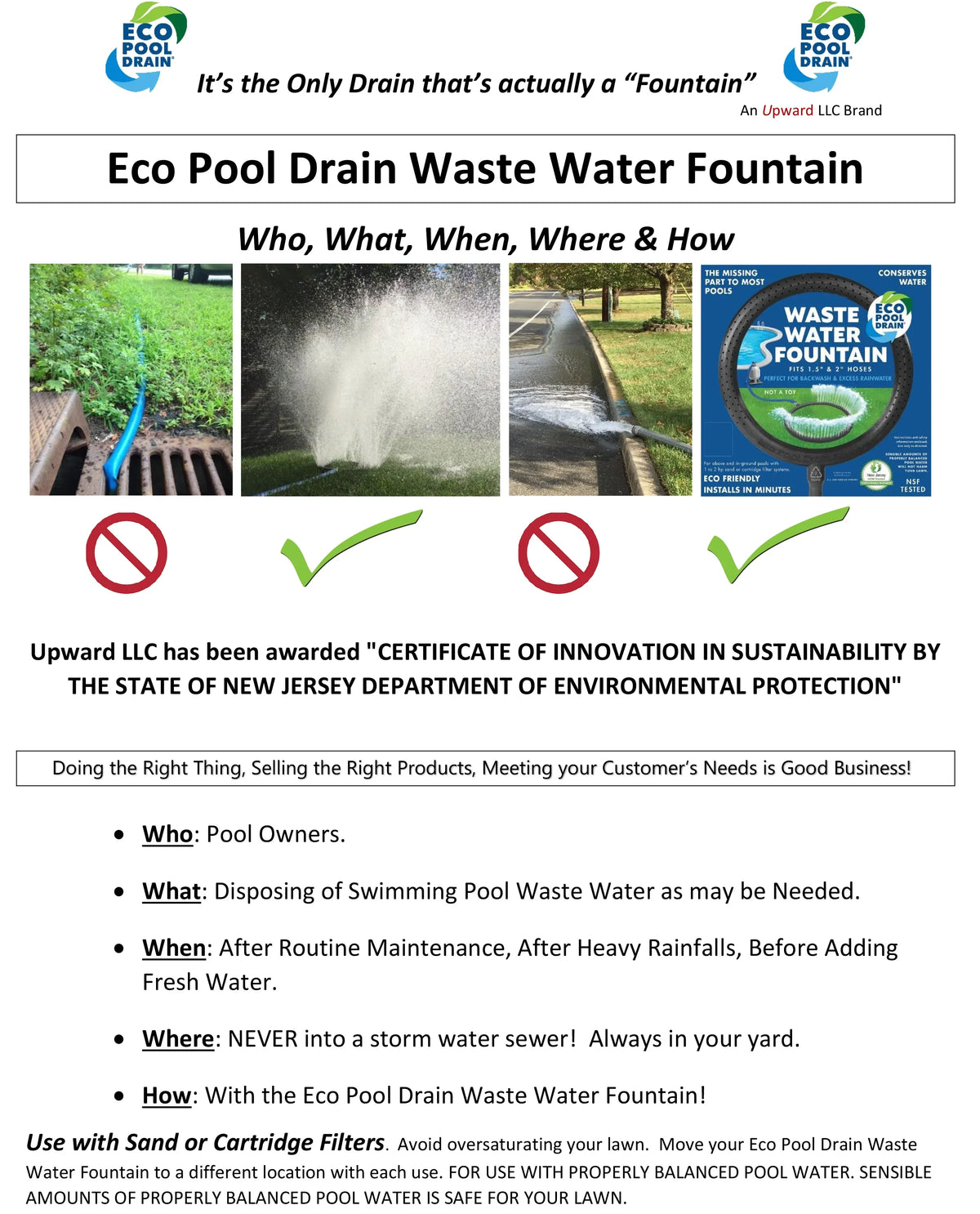 Pool Sand Fountain #200 Eco Pools Swimming Filtered Water & for Waste Cartridge Drain