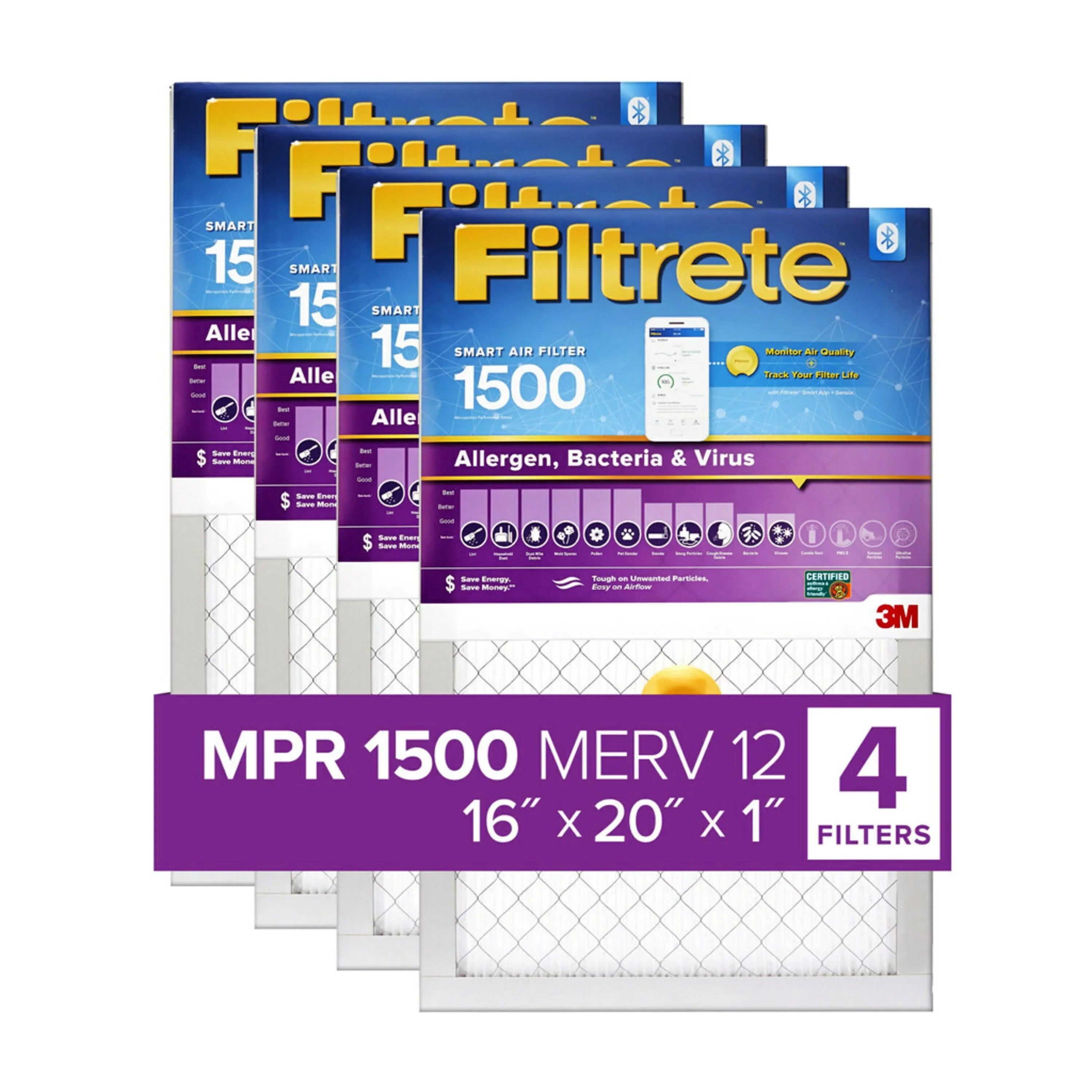 Bacteria Smart Virus 12, Viruses, Allergens, Filter, & Bacteria, Air 16x20x1, 4 Captures MPR, Allergen, MERV by and Filtrete 3M, Furnace HVAC 1500 Filters
