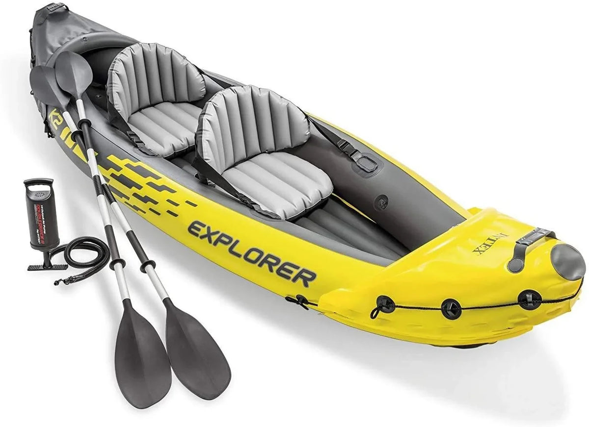 Pump – 400lb Aluminum 86in Deluxe K2 68307EP SuperStrong Kayak Explorer Capacity Seats Inflatable with PVC and YUNWEN Oars Includes Set: 2-Person – High-Output Weight – Adjustable Backrest –