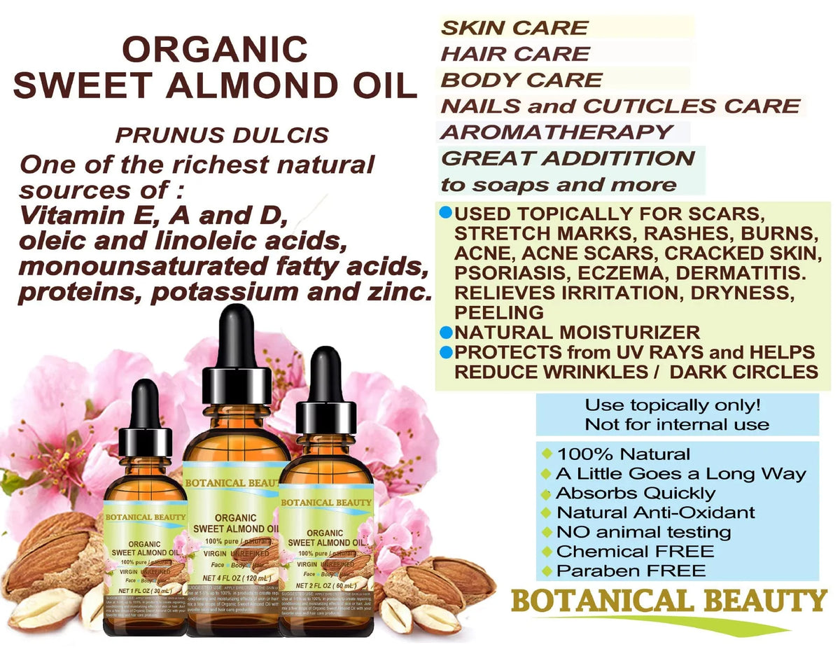 Sweet Beauty Organic Oil. 100% Botanical And Body. Carrier Pressed 2 Hair Cold Ml. Oil Almond For Pure/Virgin/Unrefined Face, Oz-60