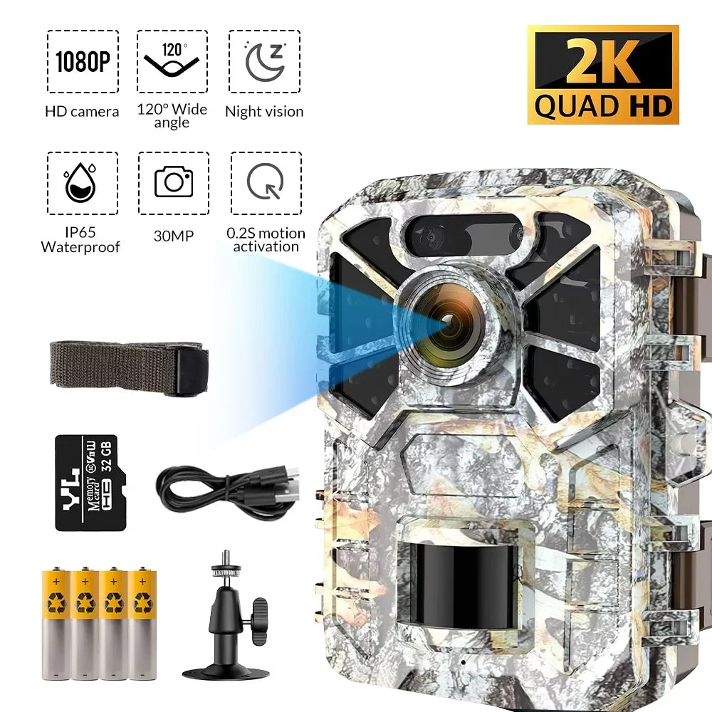 Hunting Wide Game with with Wildlife 30MP Lens Monitoring, 120° 2k Camera, Trail Waterproof Farm Infrared Monitor Angle Camera Surveillance, Night Trail Vision