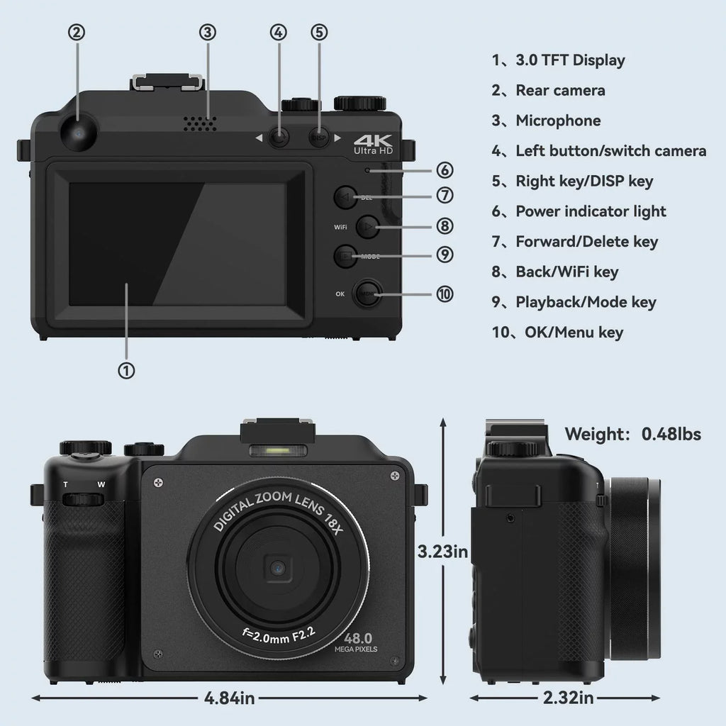 Micro Zoom,3.0-inch for Kids/Teens/Beginners(Black) Camera Video Digital OIEXI with Cameras,18X Front for and Card,Rechargeable 48MP Dual Digital Screen,32GB Rear Camera Photography,4K Battery,Camera