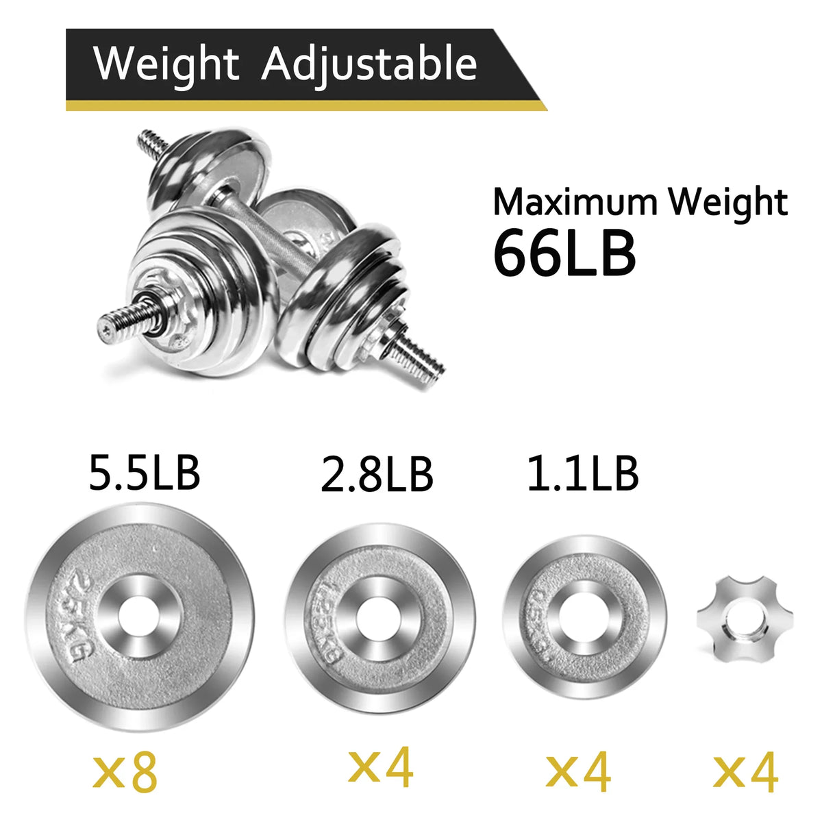 Set Weight for SAYFUT Exercise, Adjustable Dumbbell Silver Barbells Gym Detachable Household 66LB Dumbbells Fitness