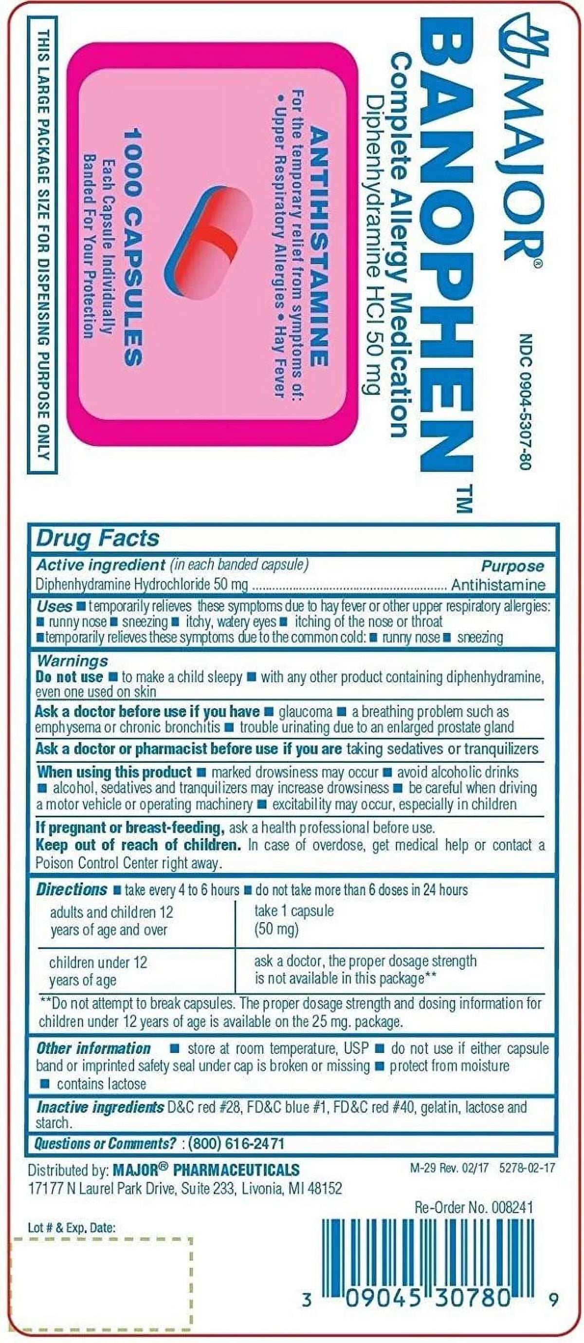mg, 50 1000 Banophen Major Count Diphenhydramine Capsules,