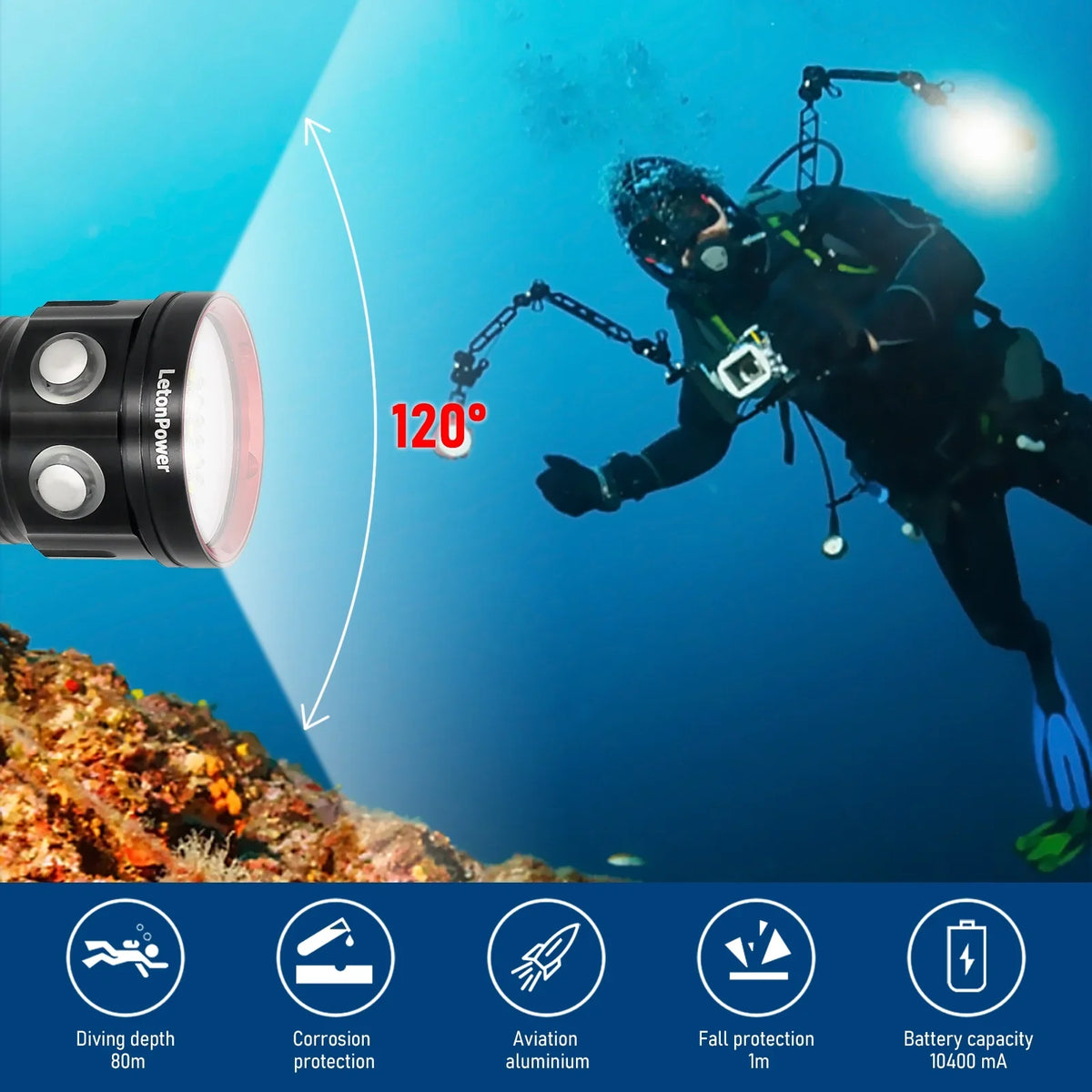 Sports,Underwater Diving for Light Dive B15 Underwater Video Under Scuba Shooting Underwater Video Light Lights Flashlight Dive Water and 80m 8000Lumens Flashlight Photography