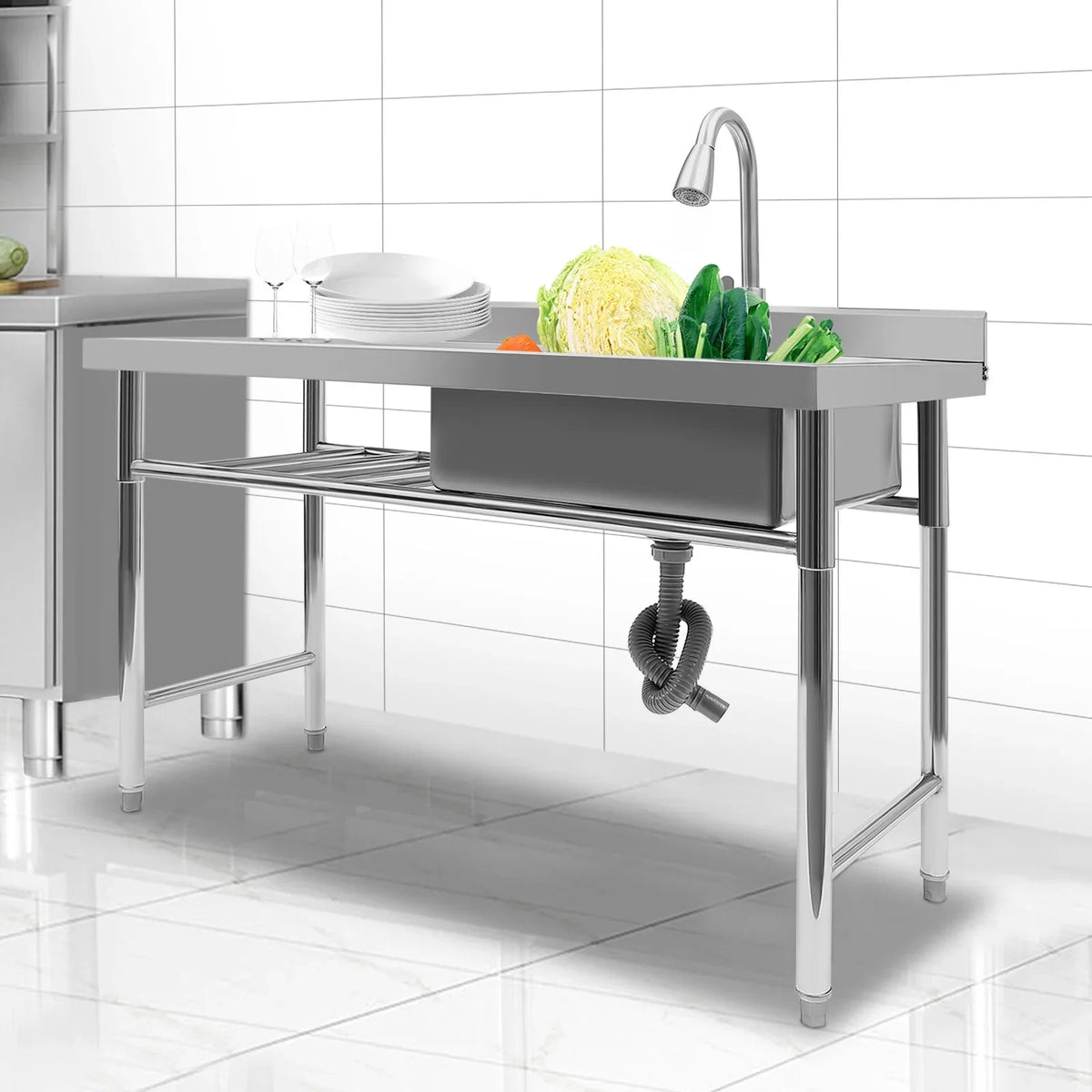 Freestanding Restaurant Washing & w/Catering Stainless Pull-Out Faucet Steel Compartment Kitchen Sink, Table Prep & 1 Basin Sink Utility Commercial Drainpipe Hand Aiqidi 47"