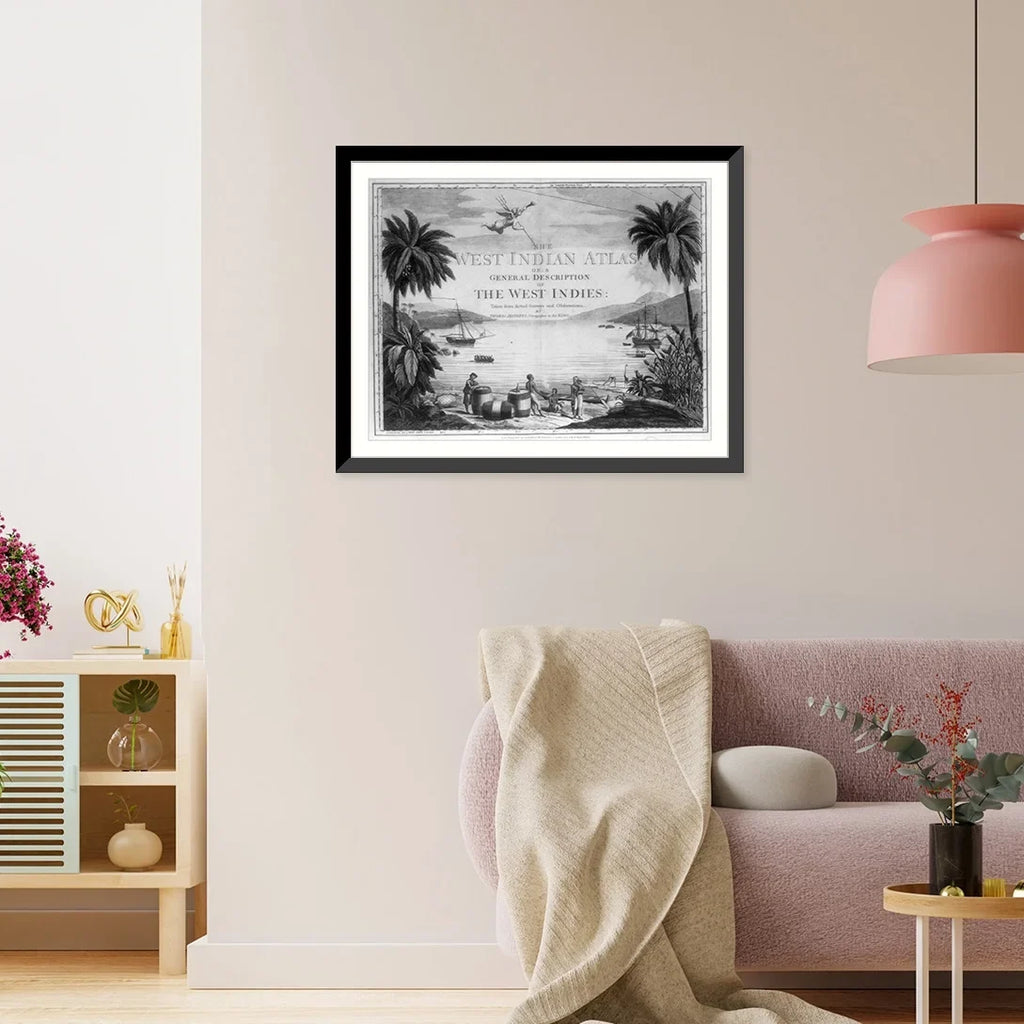 casks, the West the showing Indies on beach 17-7/8" Framed and Historic harbor], [A a in Natives in the and British two Print, large with scene sailor three x ships 21-7/8"