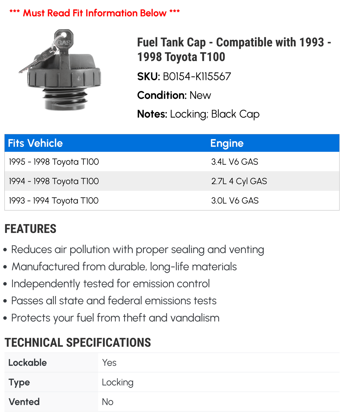 '- 1996 1998 with Fuel 1995 Compatible - Cap 1993 Tank 1994 Toyota T100 1997