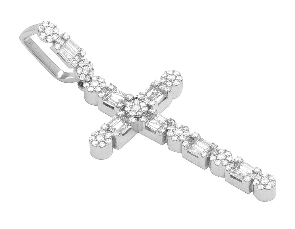 Cross 1.2CT Gold Unisex Flower Diamond White 2" Baguette Real Cluster 10K