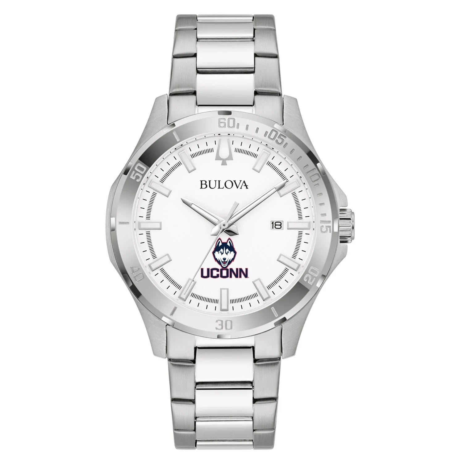 Men's Bulova Huskies Silver Stainless Classic UConn Watch Sport Steel
