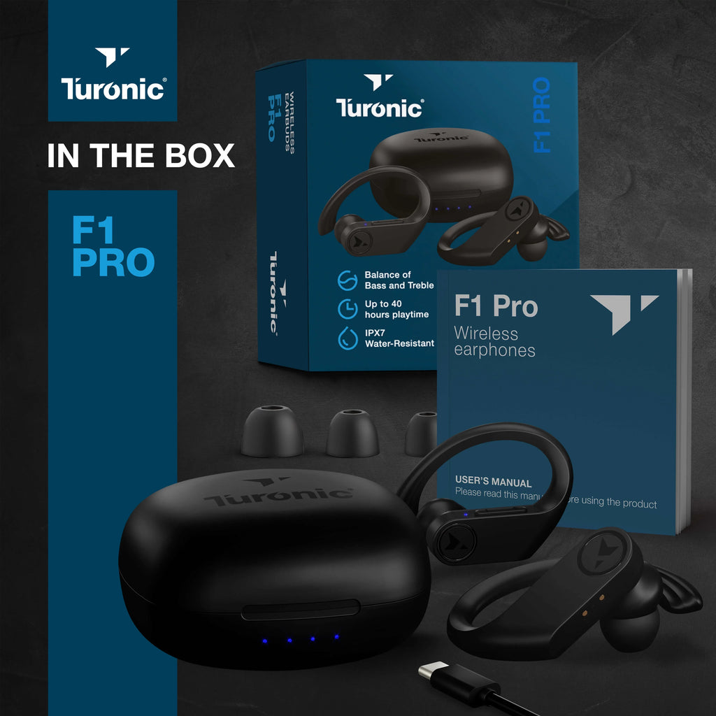 Earhook Running, Wireless - - Black w/Microphone with Sport Mic, Earbuds 45H Pro - Gym, Playtime, F1 True Charging Waterproof Turonic Bluetooth case, - Earphones Headphones Wireless Workout for IPX7