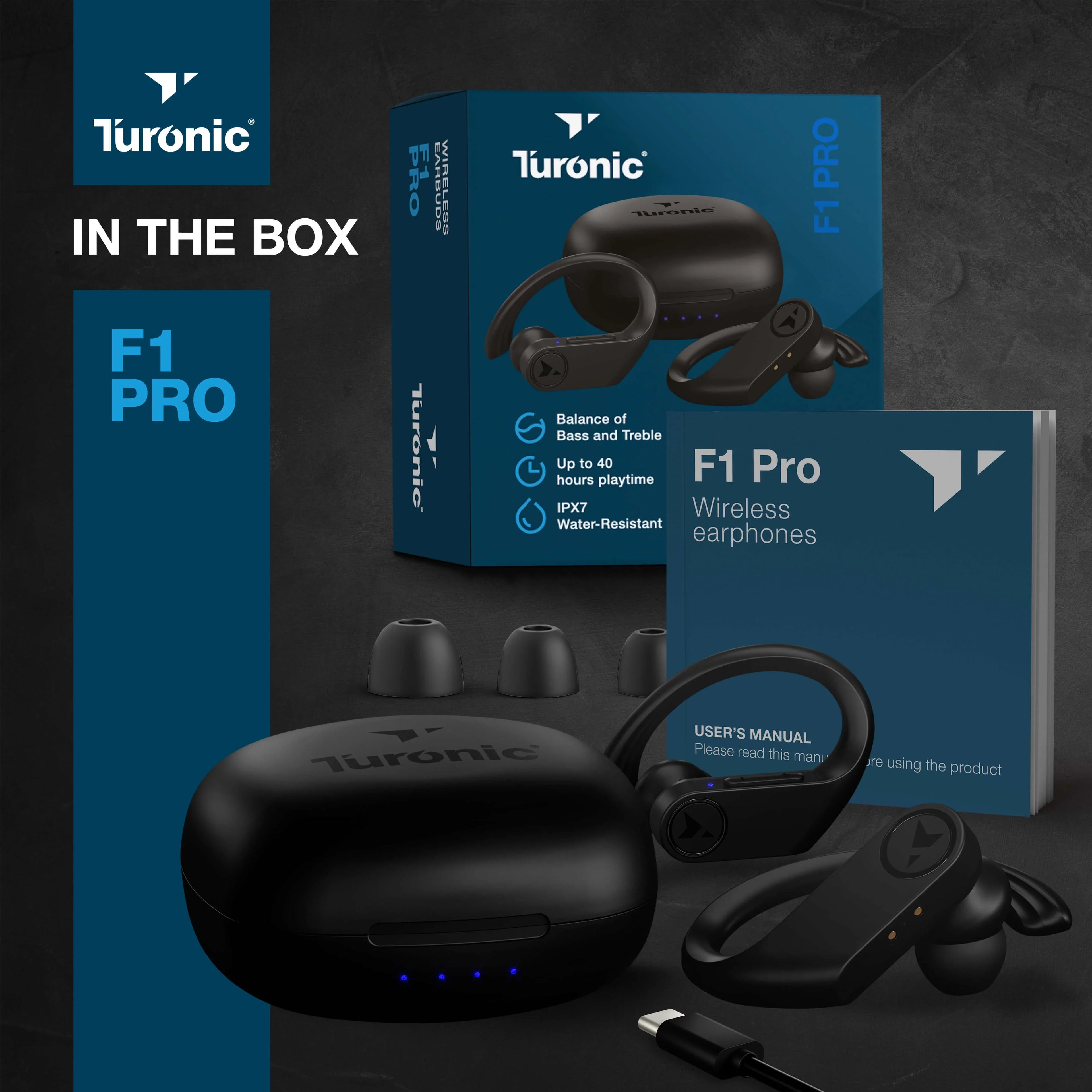 Earhook Running, Wireless - - Black w/Microphone with Sport Mic, Earbuds 45H Pro - Gym, Playtime, F1 True Charging Waterproof Turonic Bluetooth case, - Earphones Headphones Wireless Workout for IPX7