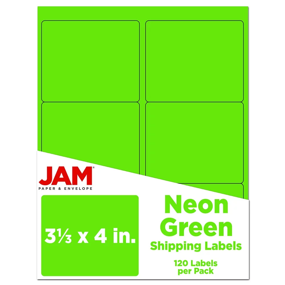 Labels, Large, JAM per Paper Pack x 120 & Fluorescent Neon Envelope Address Green, 1/3 4, 3 Shipping