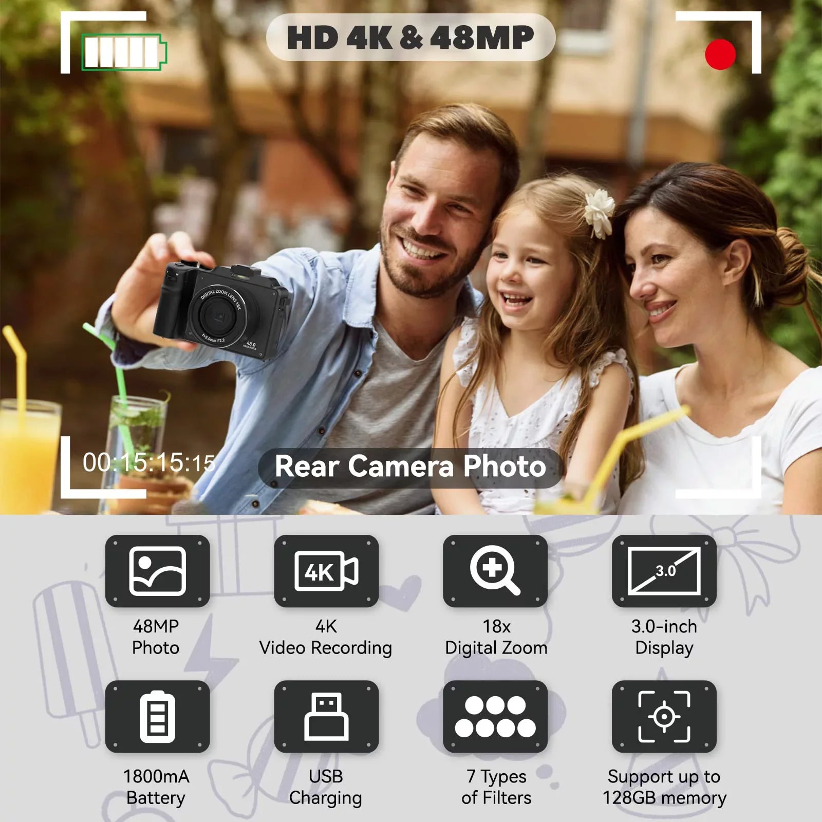 Micro Zoom,3.0-inch for Kids/Teens/Beginners(Black) Camera Video Digital OIEXI with Cameras,18X Front for and Card,Rechargeable 48MP Dual Digital Screen,32GB Rear Camera Photography,4K Battery,Camera