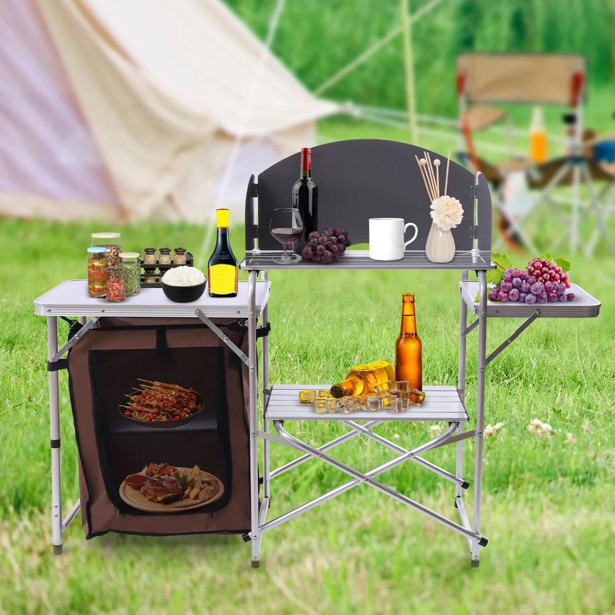 Barbecue Camping Folding Table Portable Rack+Brown Fabric Station Cover