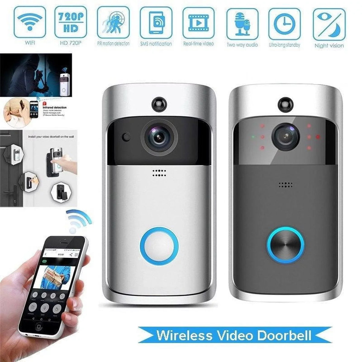 Doorbell Security System Record Camera IR Smart WiFi Video Visual Wireless Bell-Black