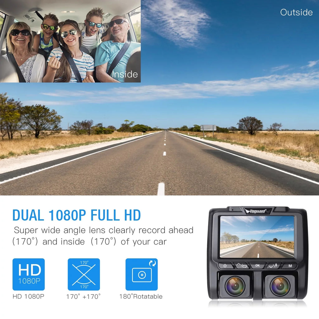 and Camera Inside LCD Black HD Cams Front Cam, TOGUARD Dash Dashboard Dash Car Dual Full 1080P+1080P 3" Camera