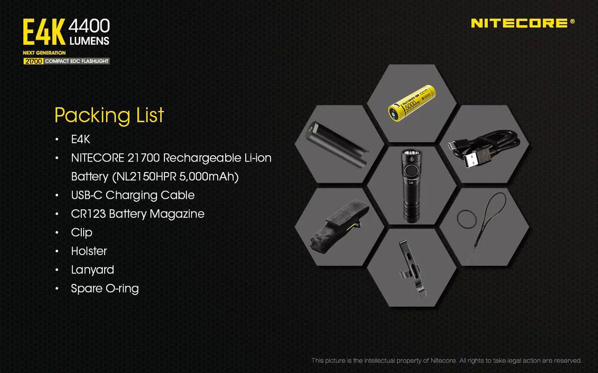 Rechargeable Combo: NITECORE 21700 -1x E4K w/Offset Battery Included Flashlight Li-ion NITECORE Mount