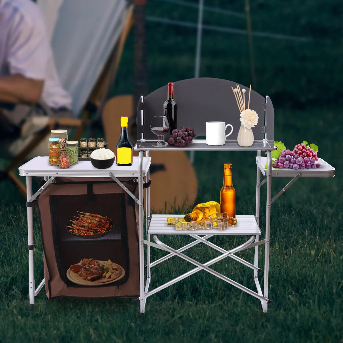 Barbecue Camping Folding Table Portable Rack+Brown Fabric Station Cover