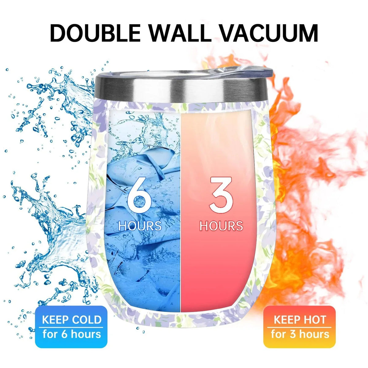 Vacuum Blue U Lid, 12oz Wine Shape Cup Hidove Eggshell 304 Tumbler Layer Stainless Floral with Double Green Pattern Insulated Belly Insulation Cups Big with Cup Cups, Cup Steel