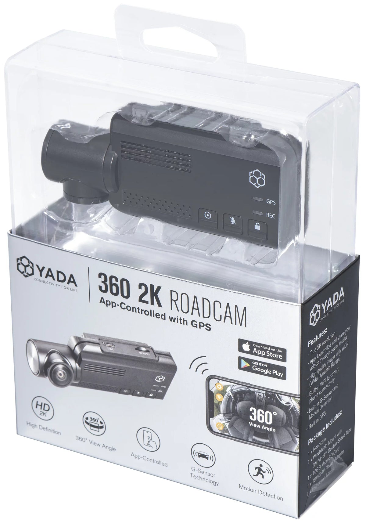 Black 2K Split 2K RoadCam Included, QHD with 4-in-1 App Dashcam GPS, - 360° 16GB SD YADA Built-in Compact Screen Control, Pro Card Recording,
