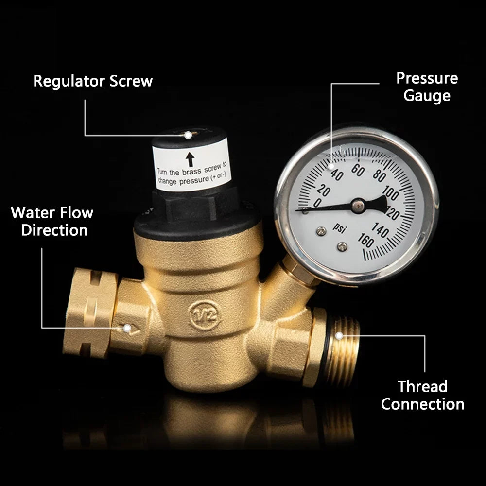 RV Inlet with Lead-Free Travel Ideal Pressure Gauge and 0-160PSI Adjustable for Water Valve Screened Filter, and Regulator Brass, Trailers -