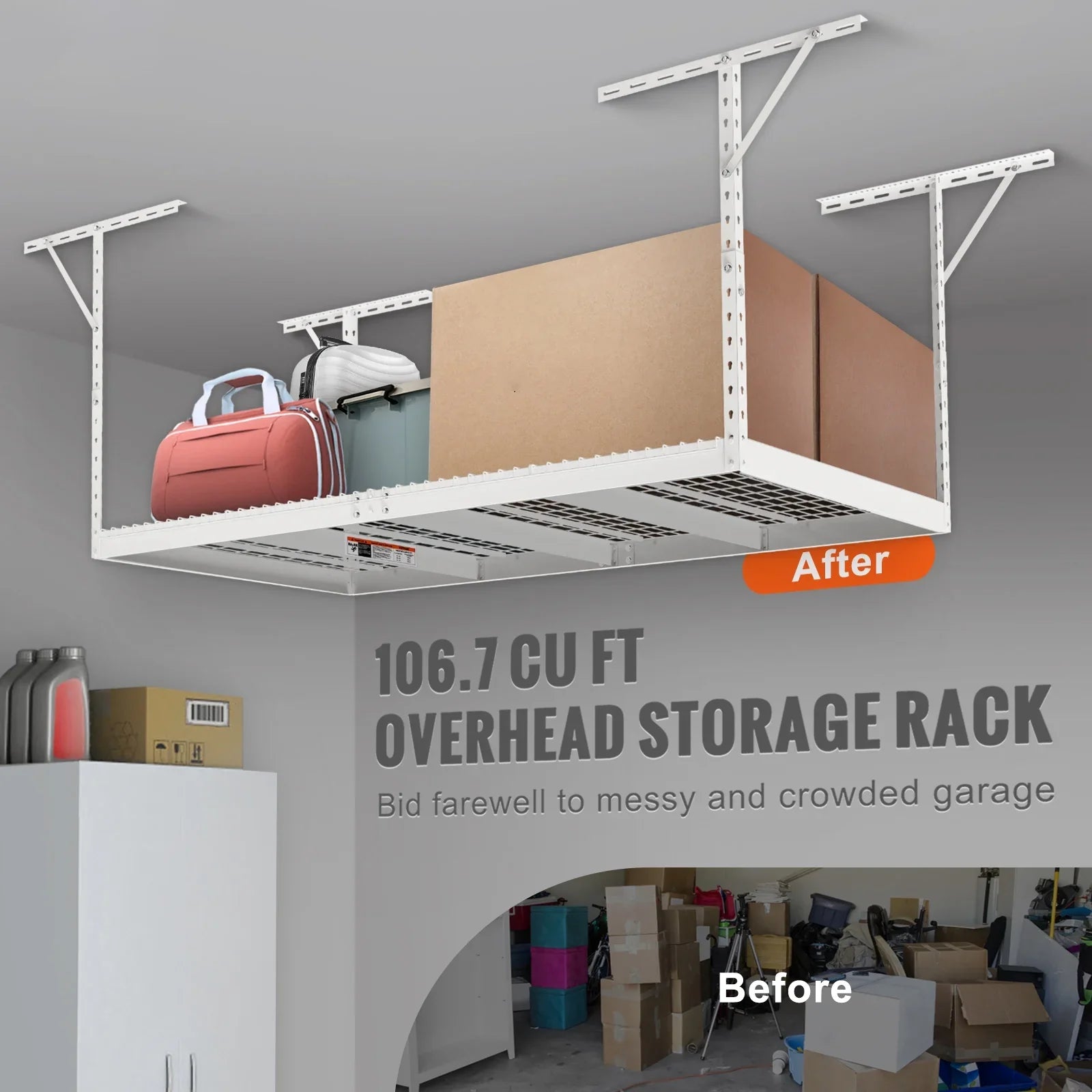 48x96" lbs White SKYSHALO Rack Overhead Adjustable Rack 600 Garage Storage Ceiling
