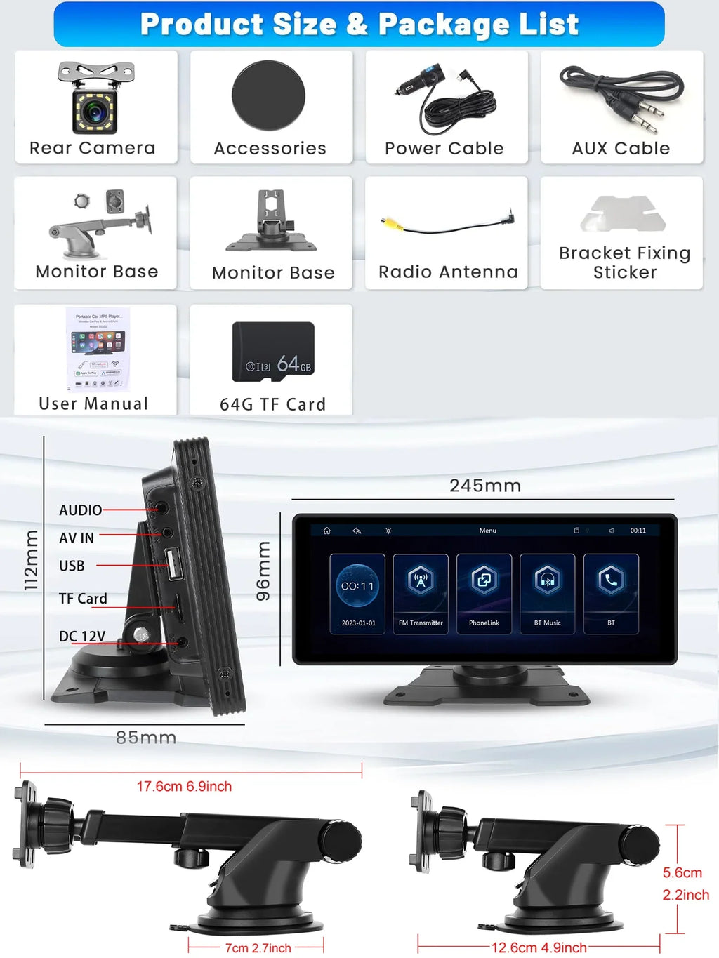 Wireless Stereo Portable 10.26" Screen Android FM Suv Car Bluetooth Vehicles, Camera Radio with AUX Auto 7-32V Mirror 64G Van Carplay Car Card&Backup Podofo for Pickup Link Touch