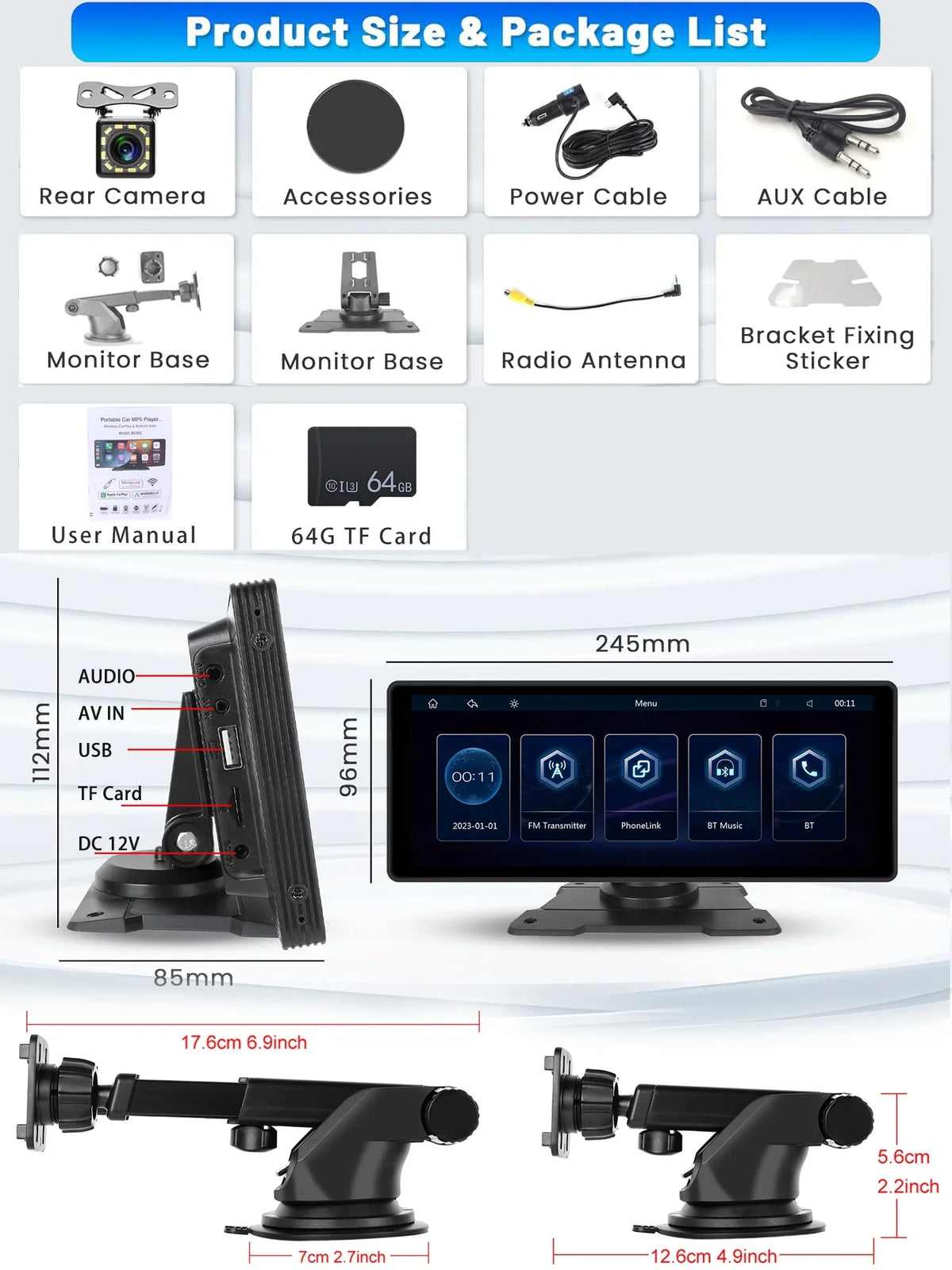 Wireless Stereo Portable 10.26" Screen Android FM Suv Car Bluetooth Vehicles, Camera Radio with AUX Auto 7-32V Mirror 64G Van Carplay Car Card&Backup Podofo for Pickup Link Touch