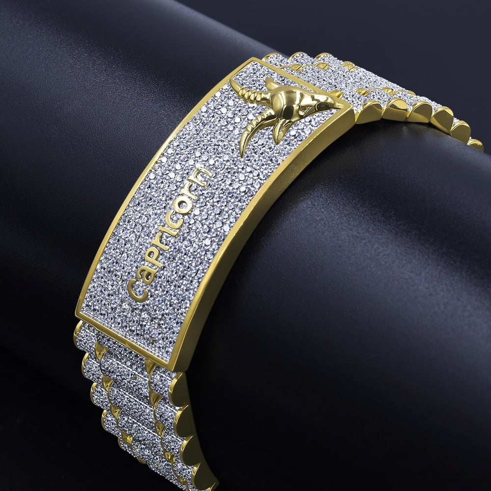 Horoscope Horse Zodiac Tone Mens Bracelet Capricorn Gold Astrology 14K 8.5'' Simulated Sign Diamond Yellow