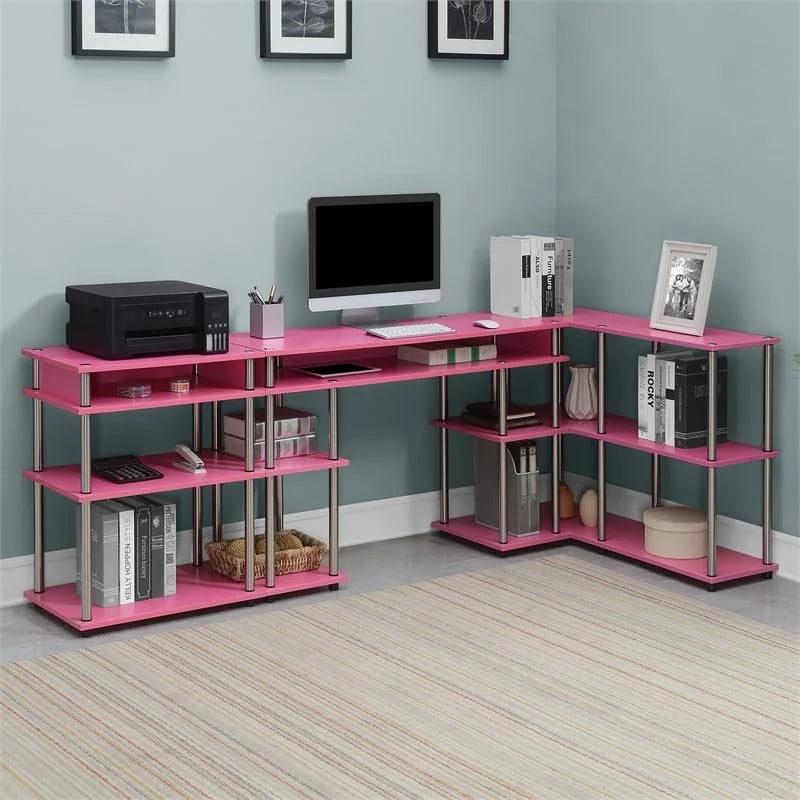 Shelves Finish Wood No-Tools Table in Console with Pink