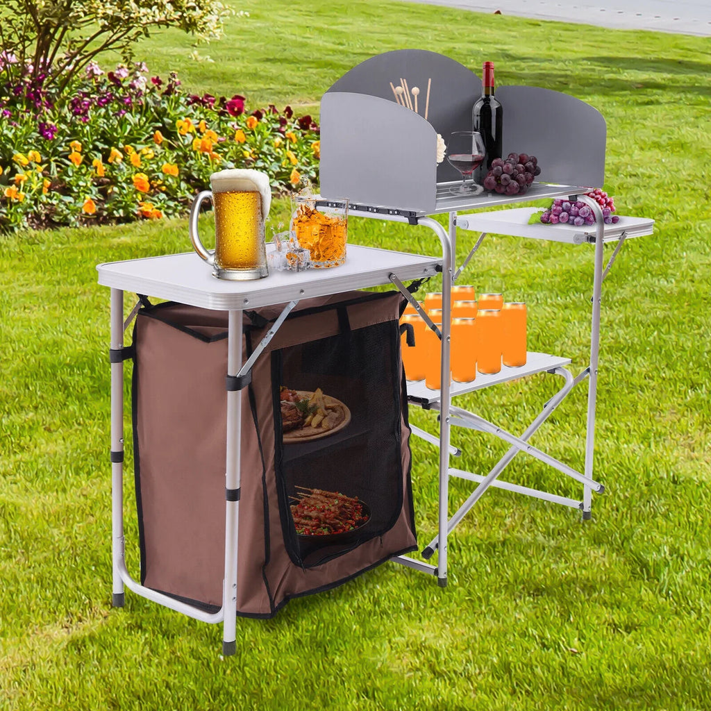 Barbecue Camping Folding Table Portable Rack+Brown Fabric Station Cover