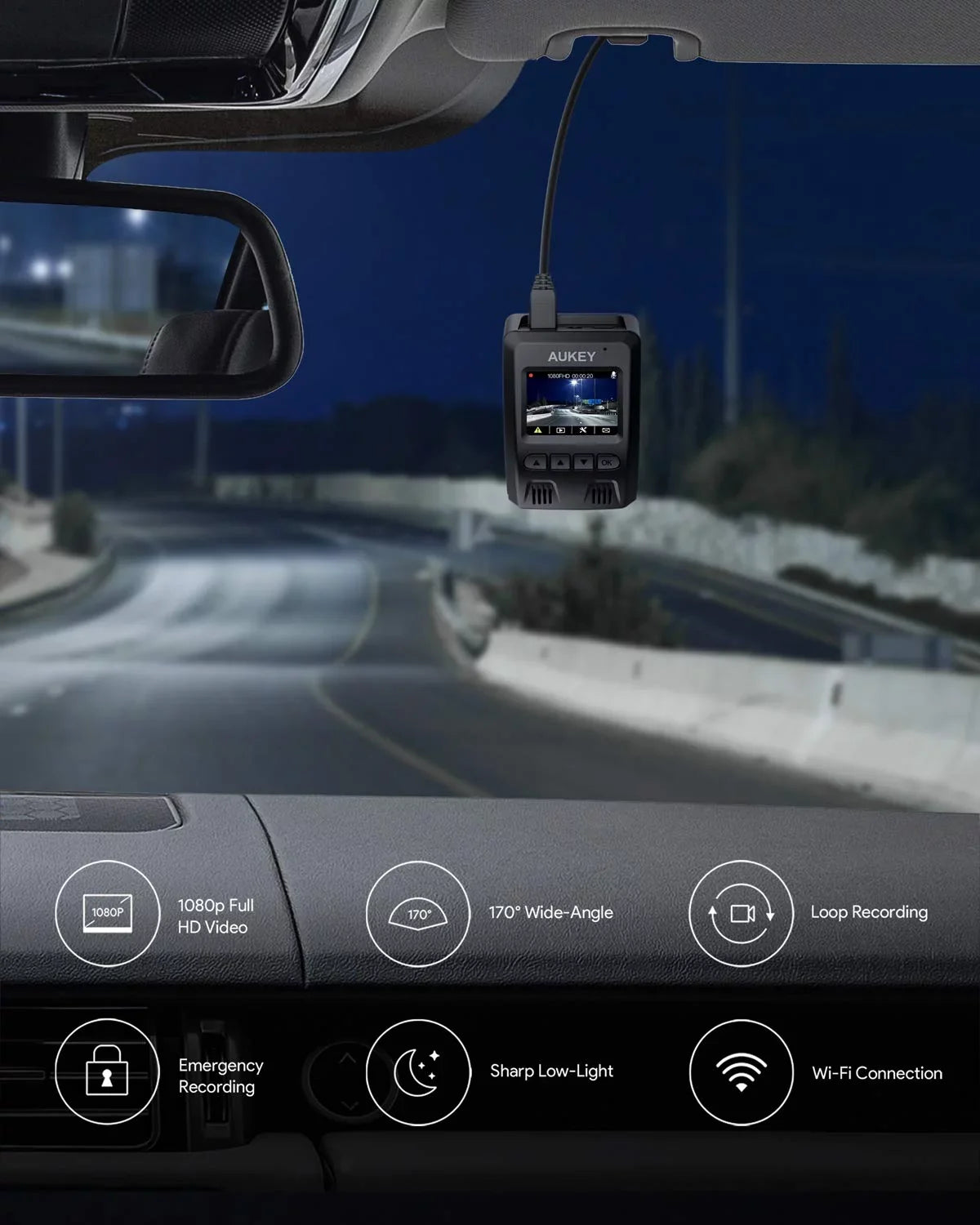 1080P Wide Cam, for AUKEY P Cars, Angle Lens Camera, Black-DR02 Dash Dash Wifi 170-Degree Car 6-Lane FHD Camera