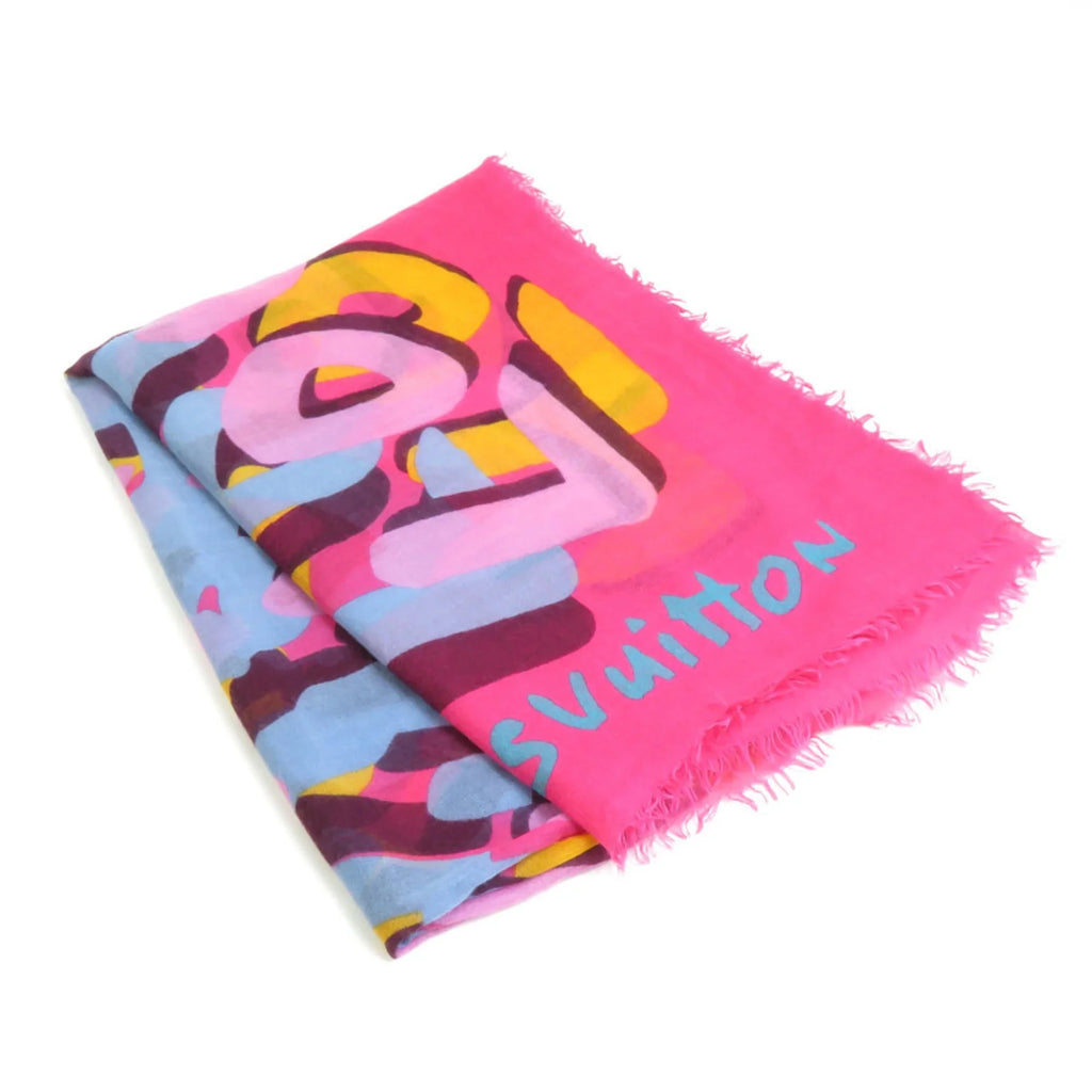 Pre-Owned VUITTON Vuitton LOUIS Cashmere/Silk Pink/Multicolor Louis Shawl e58449a (Good) Women's