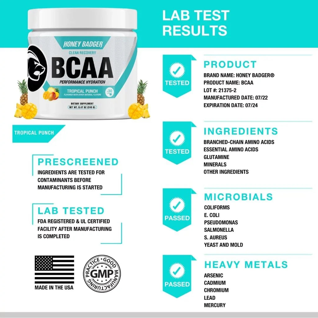 Amino Honey with + Keto, BCAA Punch, Mix, 30 Post BCAAs Sugar Badger EAA Men & Drink For Recovery Vegan, Hydration Women, Workout Electrolytes Servings & Tropical Free Acids Muscle Powder, L-Glutamine