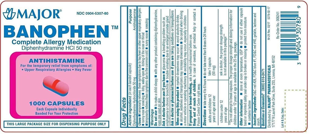 Banophen 4 Capsules, Pack 50mg, Diphenhydramine 1000ct