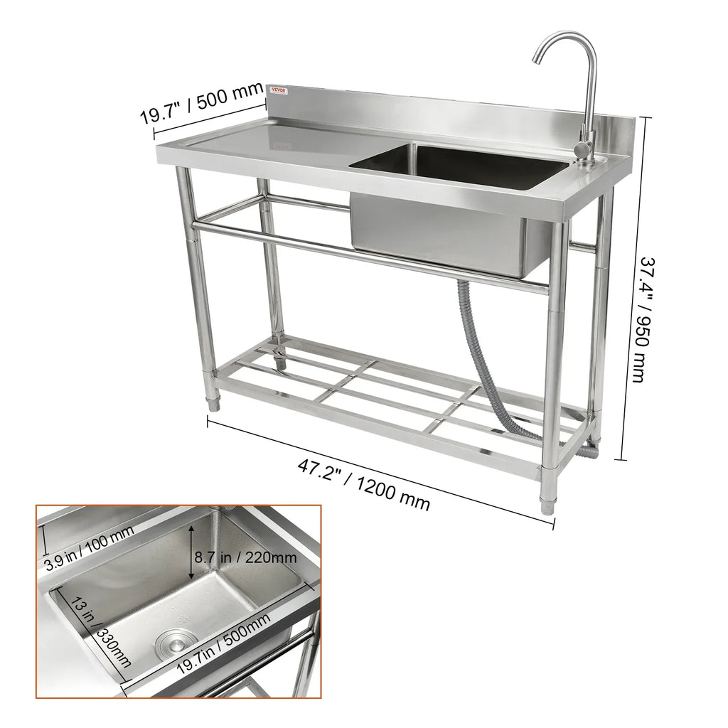 Sink & Utility 47.2x19.7x37.4 Commercial Bowl Prep in BENTISM Single w/Workbench