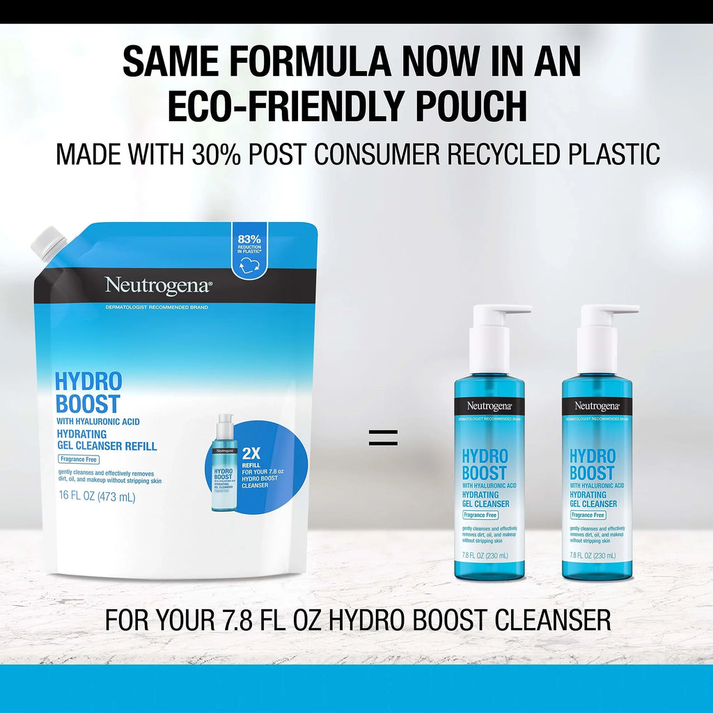 16 & Hyaluronic Gentle Hydrating Face Hydro Remover, Oz Wash, Facial Neutrogena Free Gel Boost Acid, Non-Comedogenic, Refill Fl. Foaming Fragrance With Makeup Daily Pouch, Face Cleanser Wash