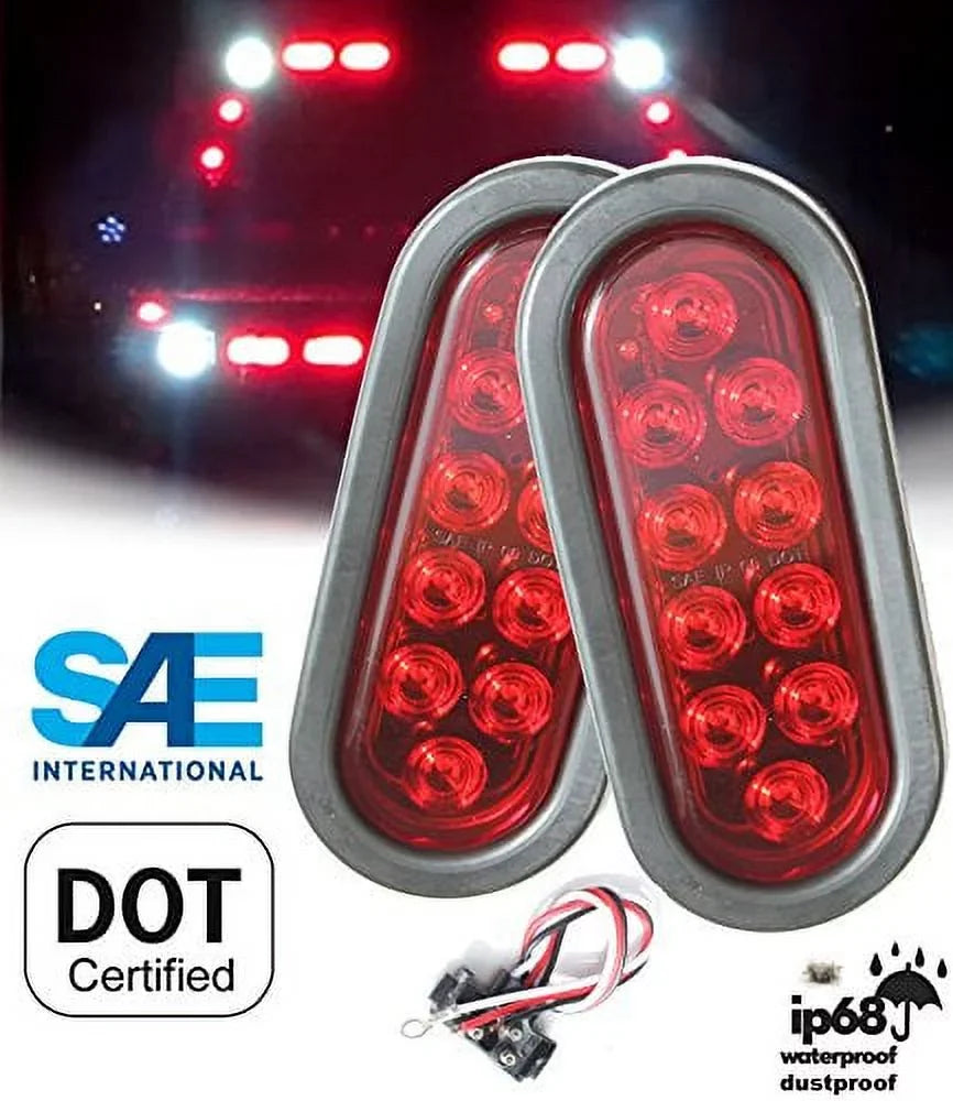 Approved ( Light Red Marker Solid Brake ) Truck LED Pieces Stop 2 Jeep for DOT Grommet SAE w Signal Trailer Tractor Oval Kit Pigtail Pair 6" Tail Turn