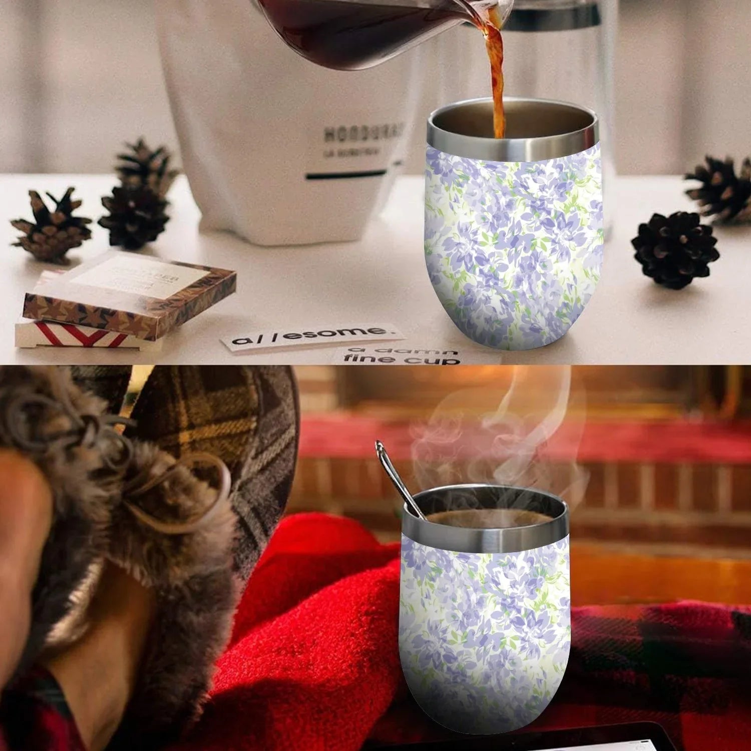 Vacuum Blue U Lid, 12oz Wine Shape Cup Hidove Eggshell 304 Tumbler Layer Stainless Floral with Double Green Pattern Insulated Belly Insulation Cups Big with Cup Cups, Cup Steel