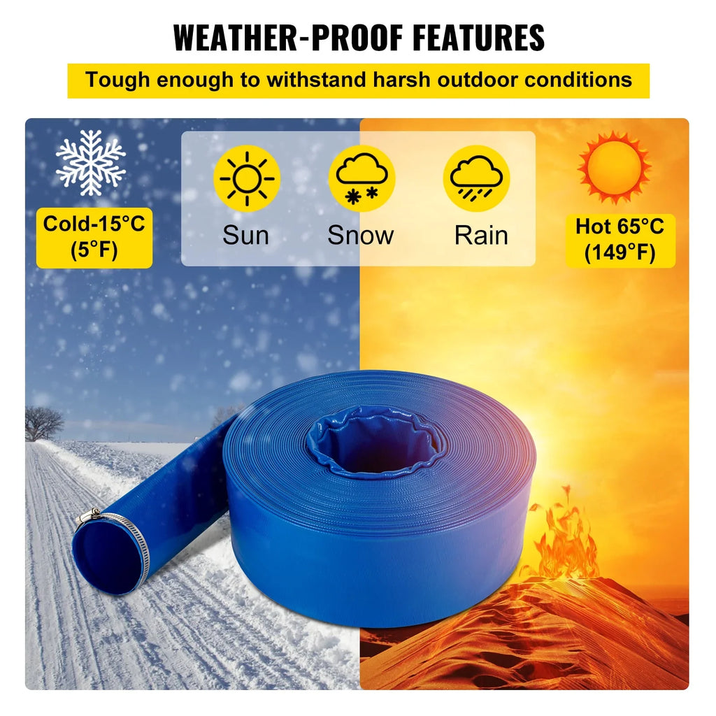 Transfer, Swimming Clamps, 2" Duty Hose Drain Flat 105', PVC Discharge Weather-proof Water Lay with Heavy for & Fabric Backwash BENTISM Ideal & Pool Blue x Hose, Burst-proof, Hose,