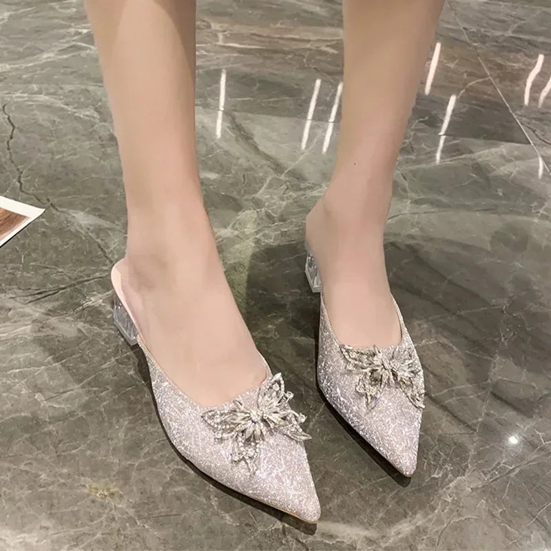 Women Mules Dress Summer Pointed Crystal Slides Flops 2024 Sexy Sandals Designer Shoes Luxury High Flip Toe Pumps Heels