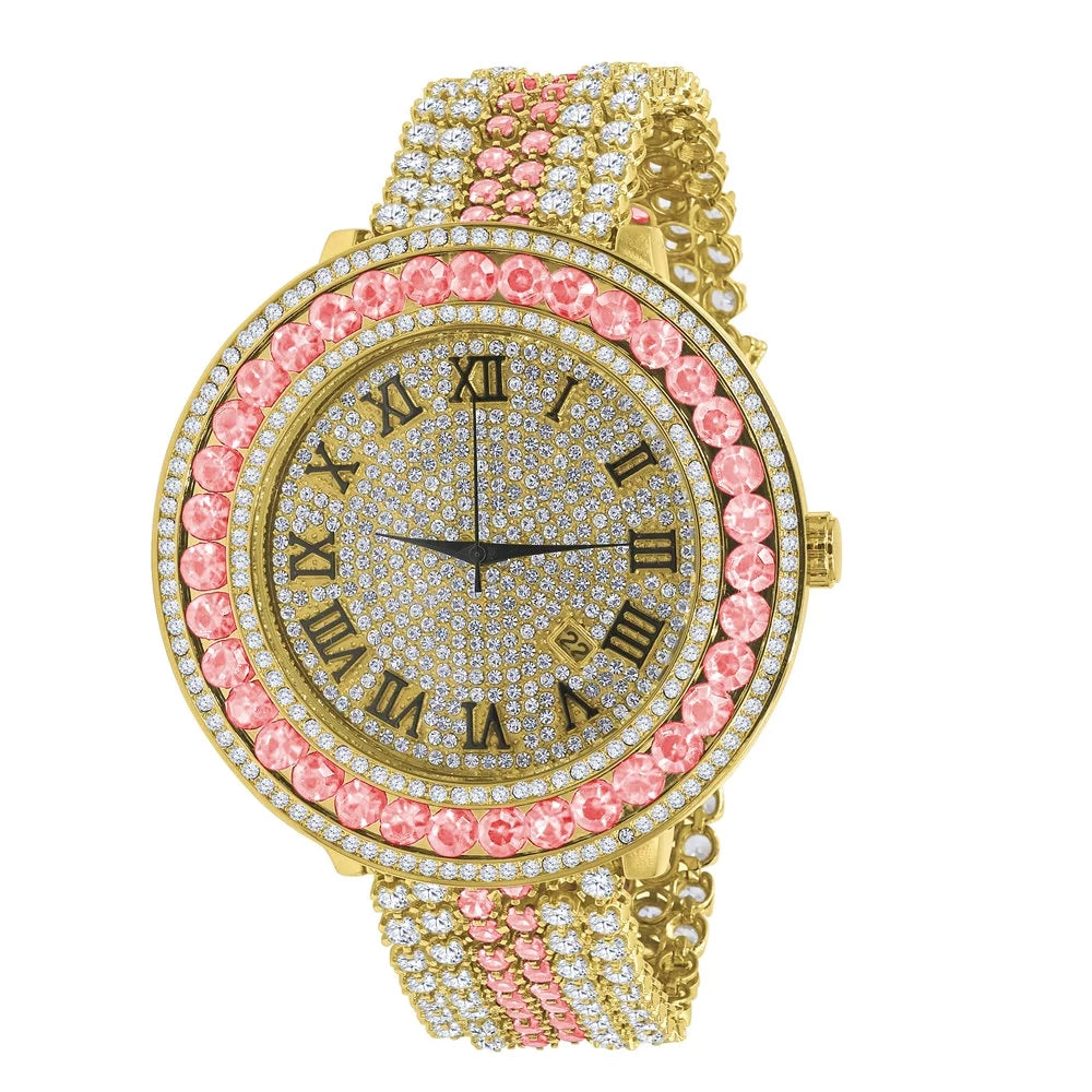 Big Diamond Watch Mens Numeral Roman Size Pink Jo Gold Dial Face Custom Band Adjustable Tourmaline Simulated Tone Rodeo