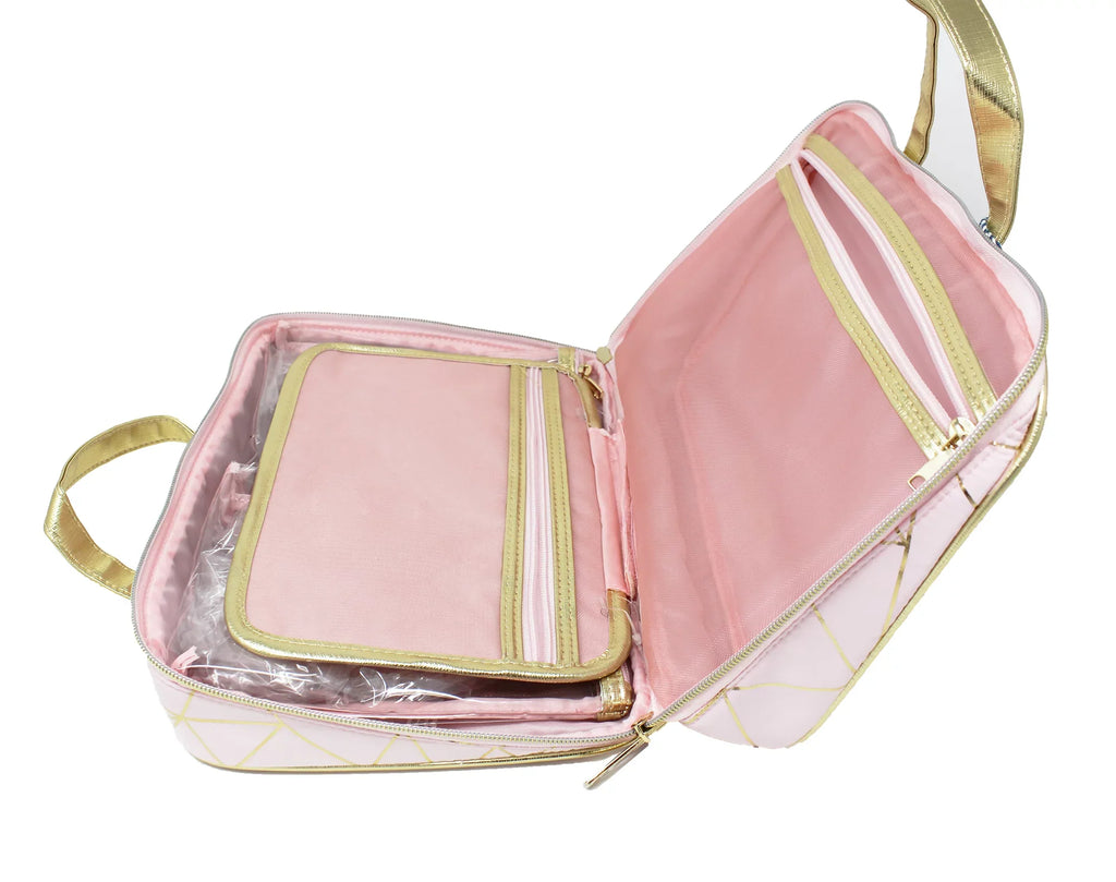 Tartan Geo Set, Foil Deluxe 1 + 3-Piece Twine Zip Cosmetic Bag Gold Pink Beauty CT Weekender