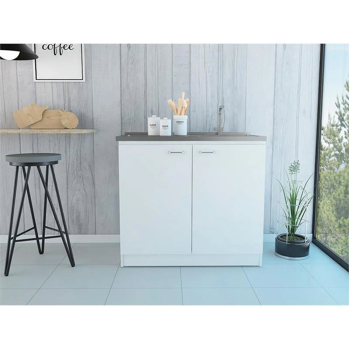 Kitchen and Service Set with Square Sink Cabinet 2-Piece Home Utility with Cart