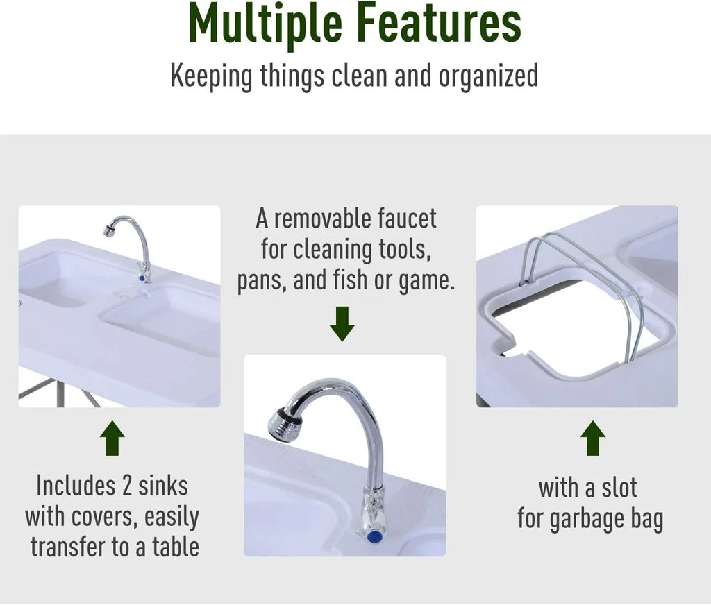 Table Table Outdoor Folding with Basins, Water Camping Sink for Station, Faucet Dual and Picnic, Fish Fishing, 40''
