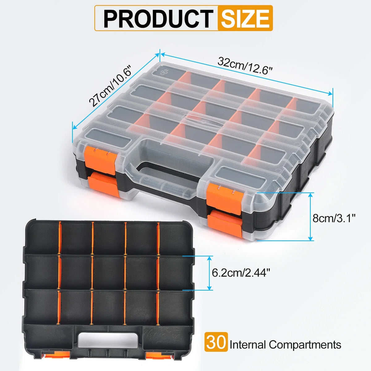 Box Dividers with Double Tool 30-Compartment 12.6"x10.6"x3.1" Hardware Side Organizer Removable 2pcs Storage Uxcell