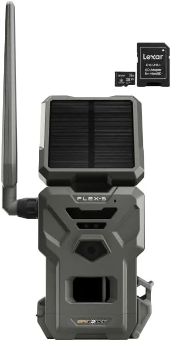 Trail Camera, Solar Connectivity, Battery Battery, SD 100-foot Micro Panel, Flex-S Flash/Detection Integrated Cellular Range, Solar Card 32GB + LTE Internal SPYPOINT Optional Backup
